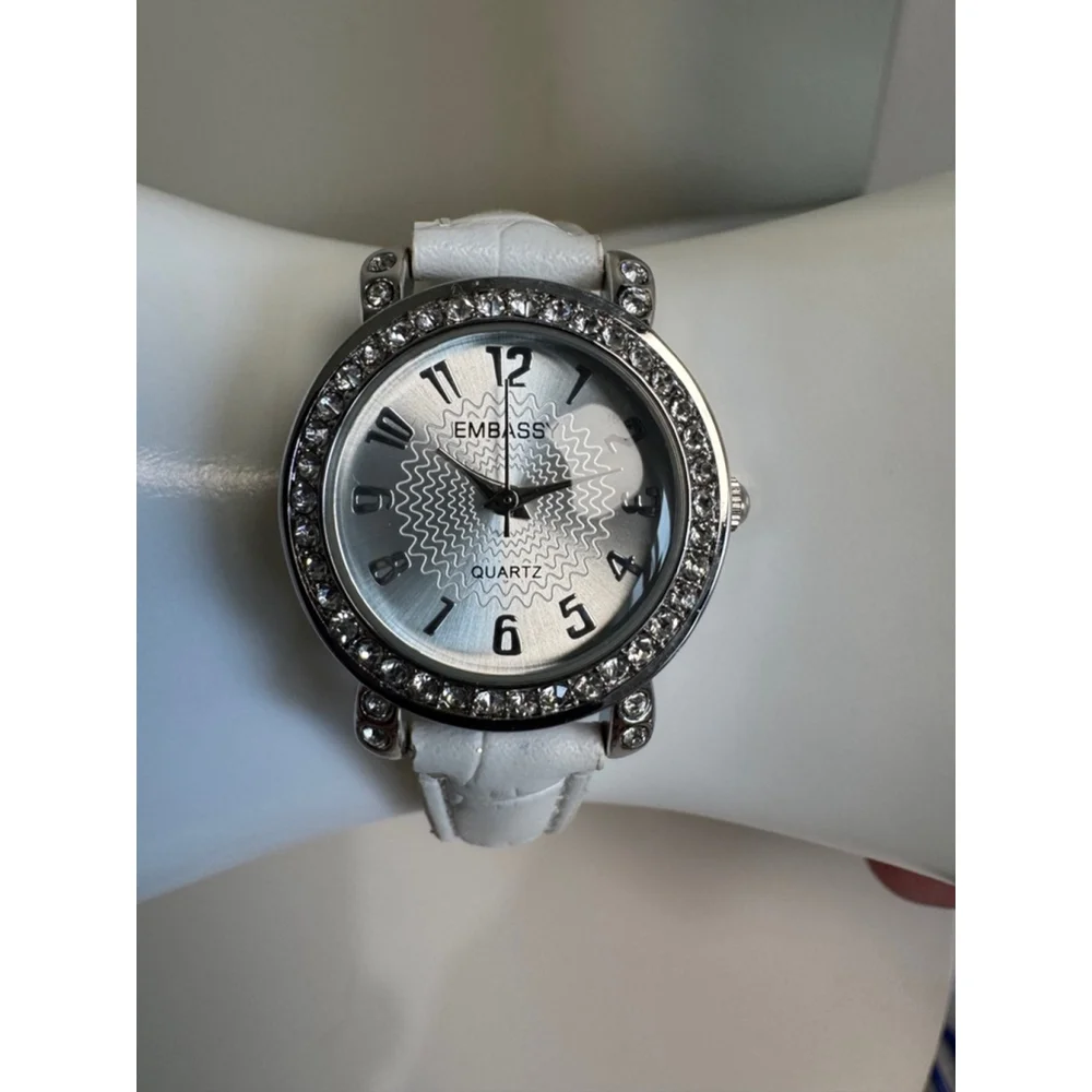 Women's Embassy crystal bezel Pearl face Watch White croc band 9”